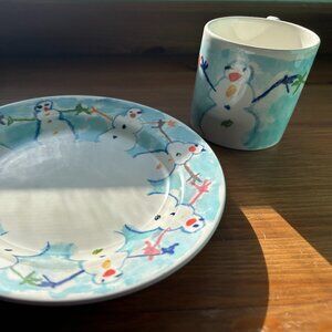 Tiffany & Co Este Ceramiche Two Snowman Plates & Four Mugs! NEVER USED! ORIG BOX